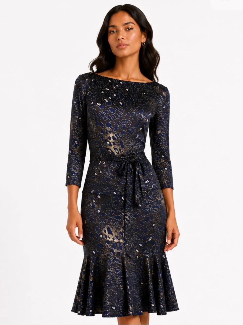 TORY BURCH Women's Navy and Gold Printed Long-Sleeve Tie-Waist Dress